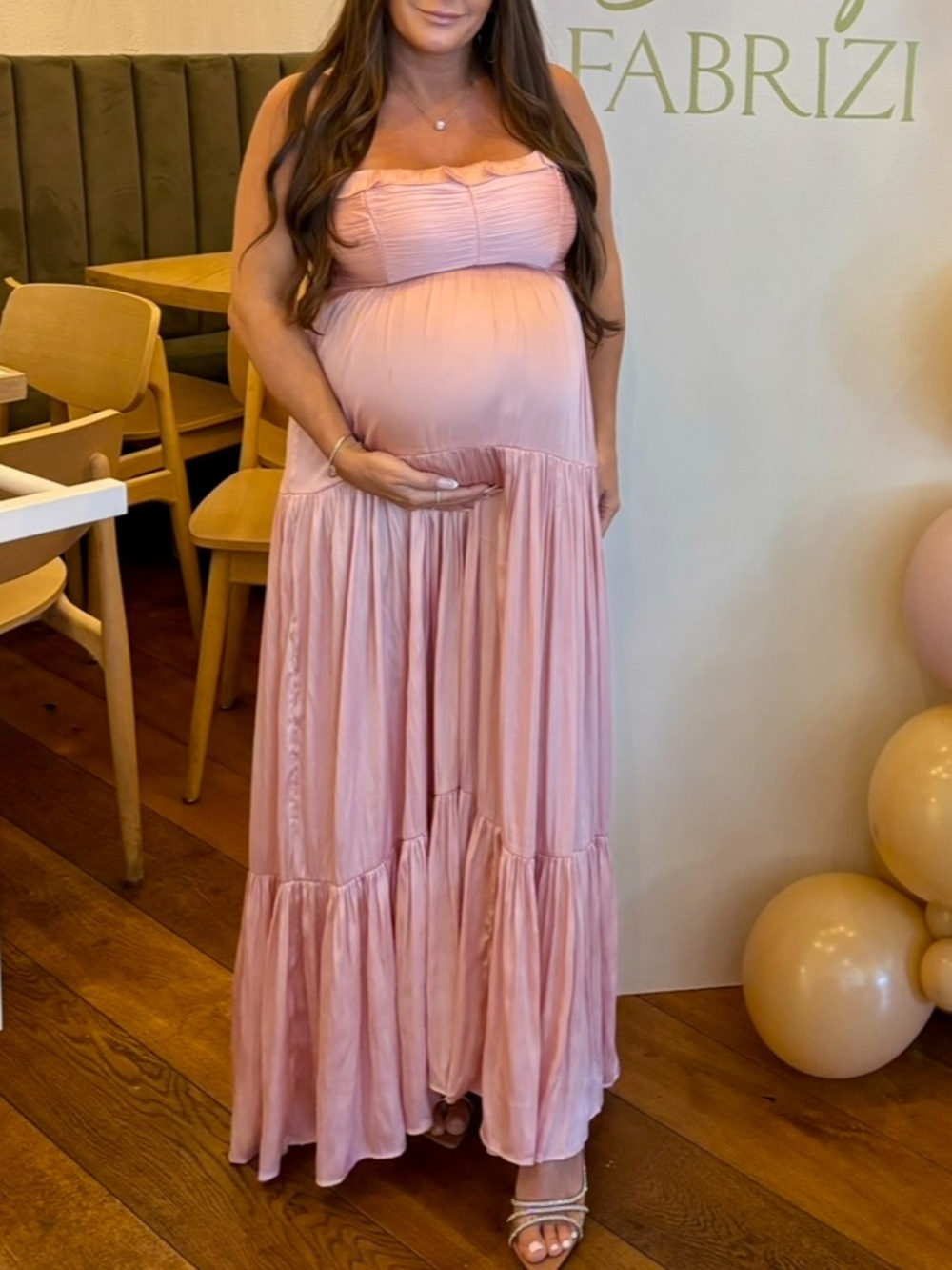 Aqua pink ruffle satin maxi dress